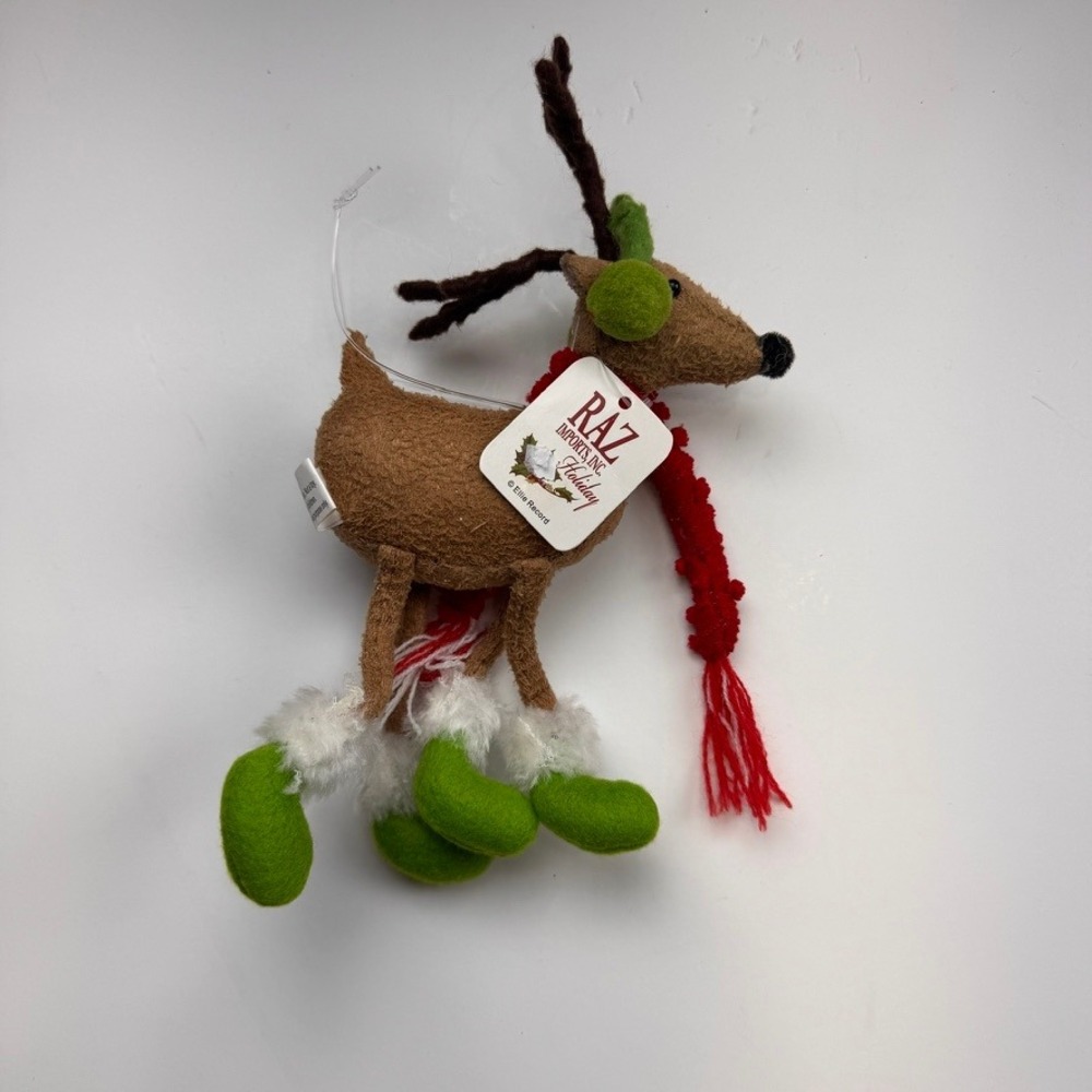 RAZ Imports Holiday Reindeer Ornament Ellie Record Felt Scarf Earmuffs Brown